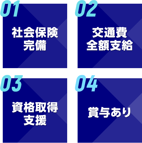 社会保険完備・交通費全額支給・資格取得支援・賞与あり